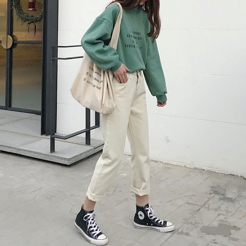 Quần jean lưng cao dáng rộng phong cách Hàn Quốc thời trang cho nữ