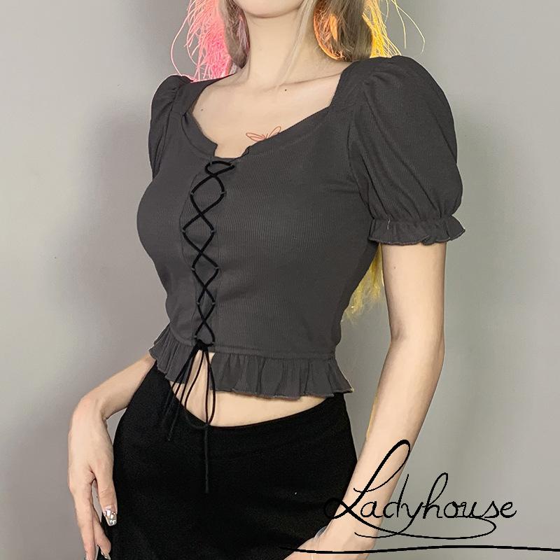 Áo Thun Crop Top Tay Phồng Thiết Kế Dây Rút Phía Trước Thời Trang Mùa Hè Cho Nữ