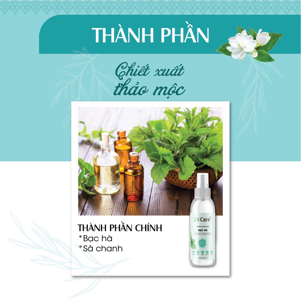 Combo 2 Xịt kháng khuẩn 24Care tinh dầu sả chanh, bạc hà 100ml - Tặng 10 khẩu trang