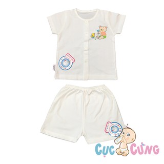 Áo sơ sinh Hello BB cài nút giữa tay ngắn số 1 - hình con gấu + Quần ngắn trắng sơ sinh Hello BB số 1