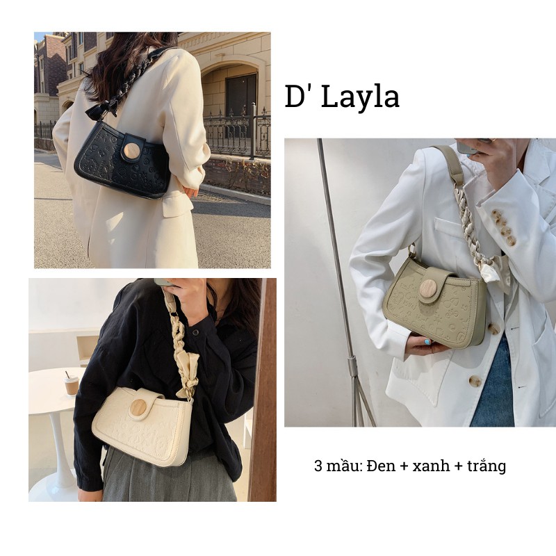 Túi xách nữ kẹp nách đeo vai khuy gỗ họa tiết in dập nổi D' Layla 2021 phiên bản Hàn Quốc size 20*23