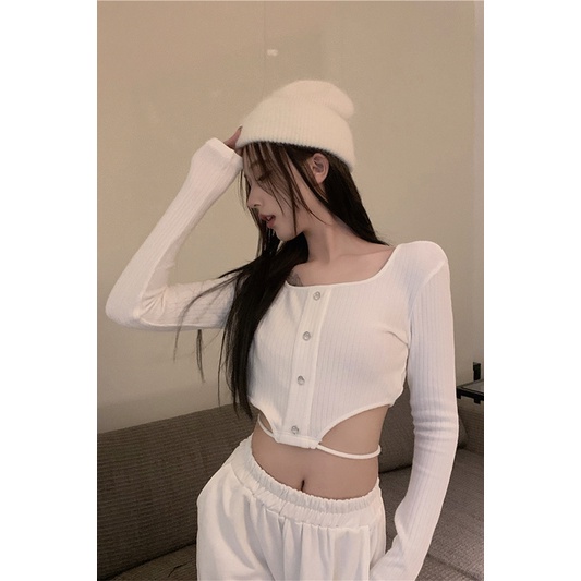 QKOOLE  Áo dệt kim dài tay dáng ôm thiết kế độc đáo phong cách Hàn Quốc cho nữ