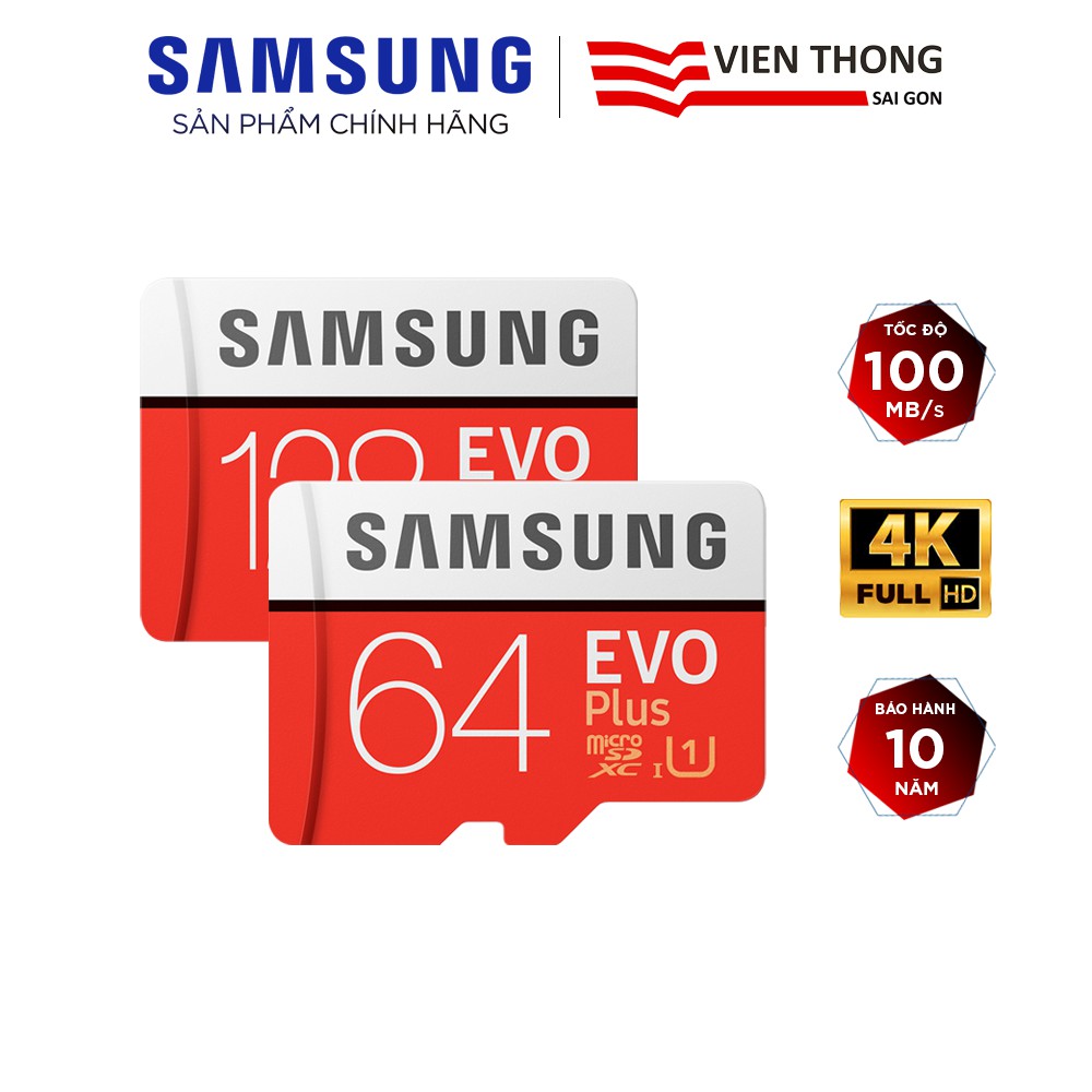 Thẻ nhớ microSD Samsung Evo Plus 32GB / 64GB / 128GB tốc độ upto 100MB/s kèm Adapter (Bảo hành 10 năm) | WebRaoVat - webraovat.net.vn