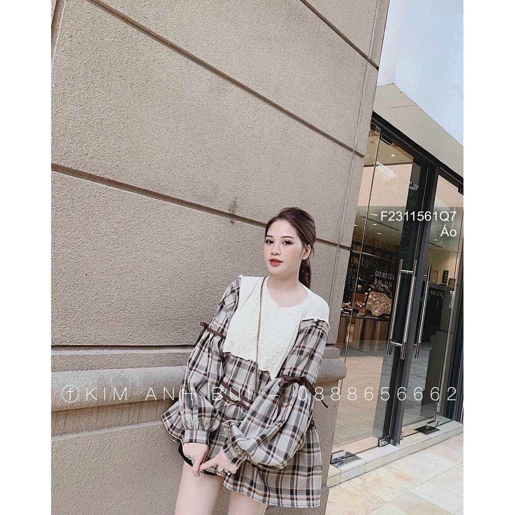 Áo babydoll họa tiết caro phối len form rộng tay dài thắt nơ! | BigBuy360 - bigbuy360.vn