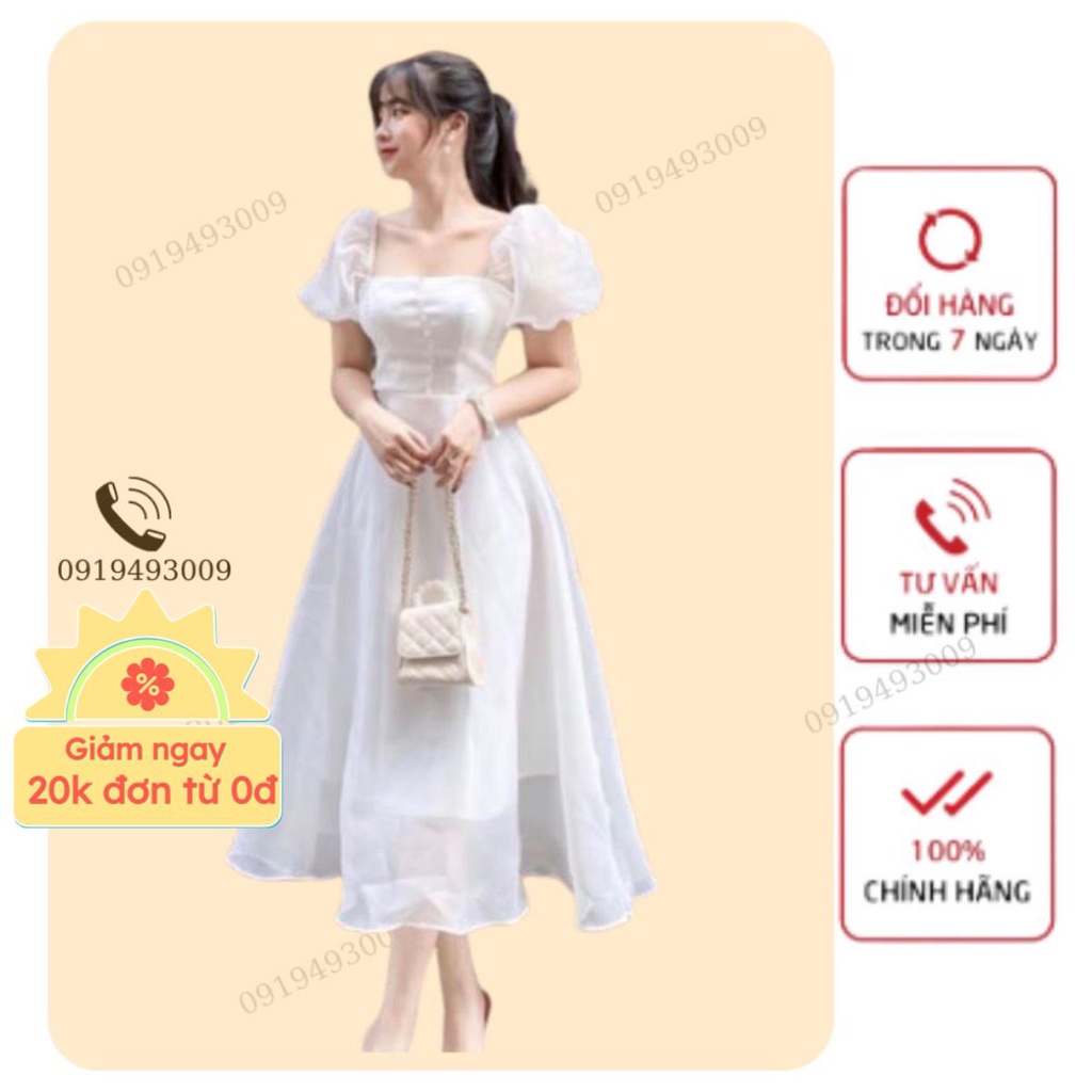 Đầm DỰ TIỆC xòe tay phồng phối nút ngực chất tơ xinh cực Bori dress [KÈM ẢNH THẬT]