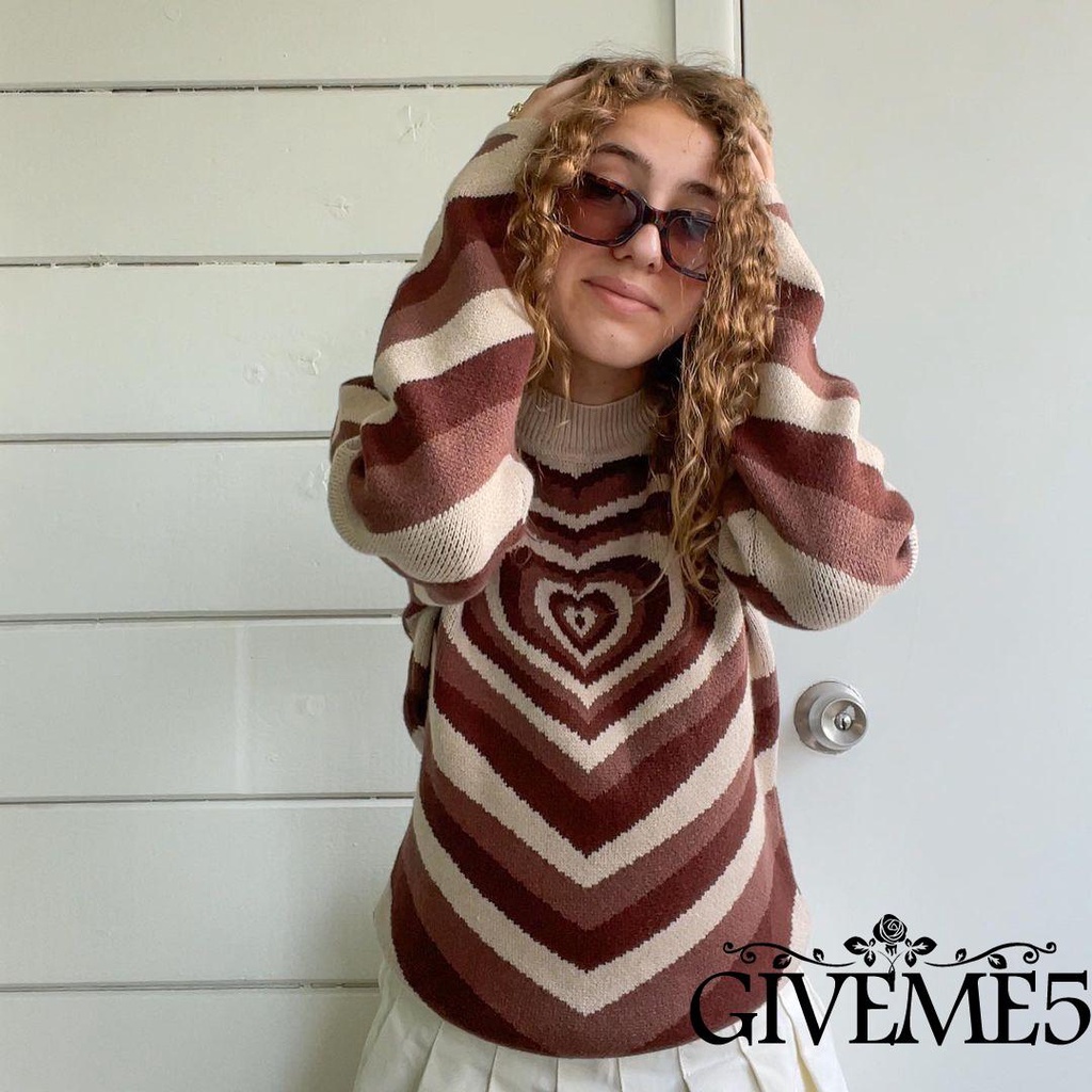 Áo len tay dài cổ tròn in họa tiết trái tim thời trang dành cho nữ