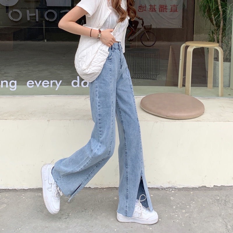 Quần Jeans màu xanh xẻ gấu siêu dài chân có size S M L XL (sẵn S M/ L,XL order 7 ngày)