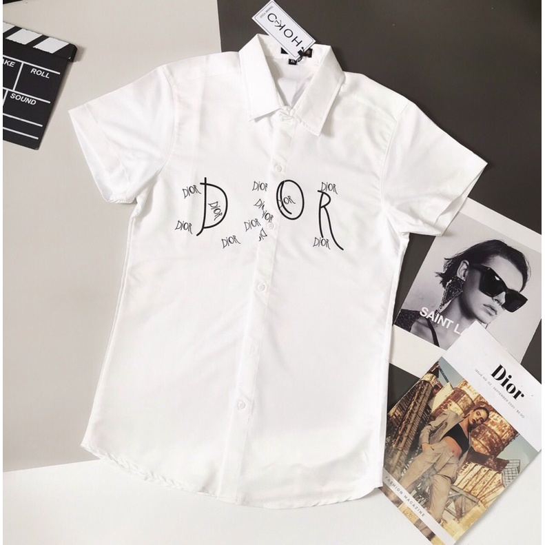 Áo sơ mi nam tay ngắn có cổ phối in chữ form ôm dáng chất liệu cotton lụa thoáng mát