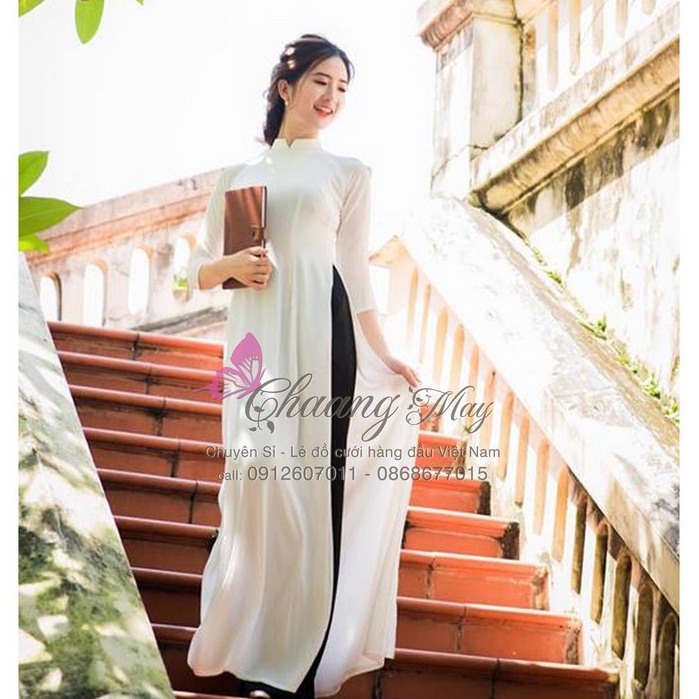 Áo dài trắng nữ học sinh 4 tà đi học Chaang may sẵn áo dài truyền thống lụa tằm cổ vuông tay lỡ đẹp