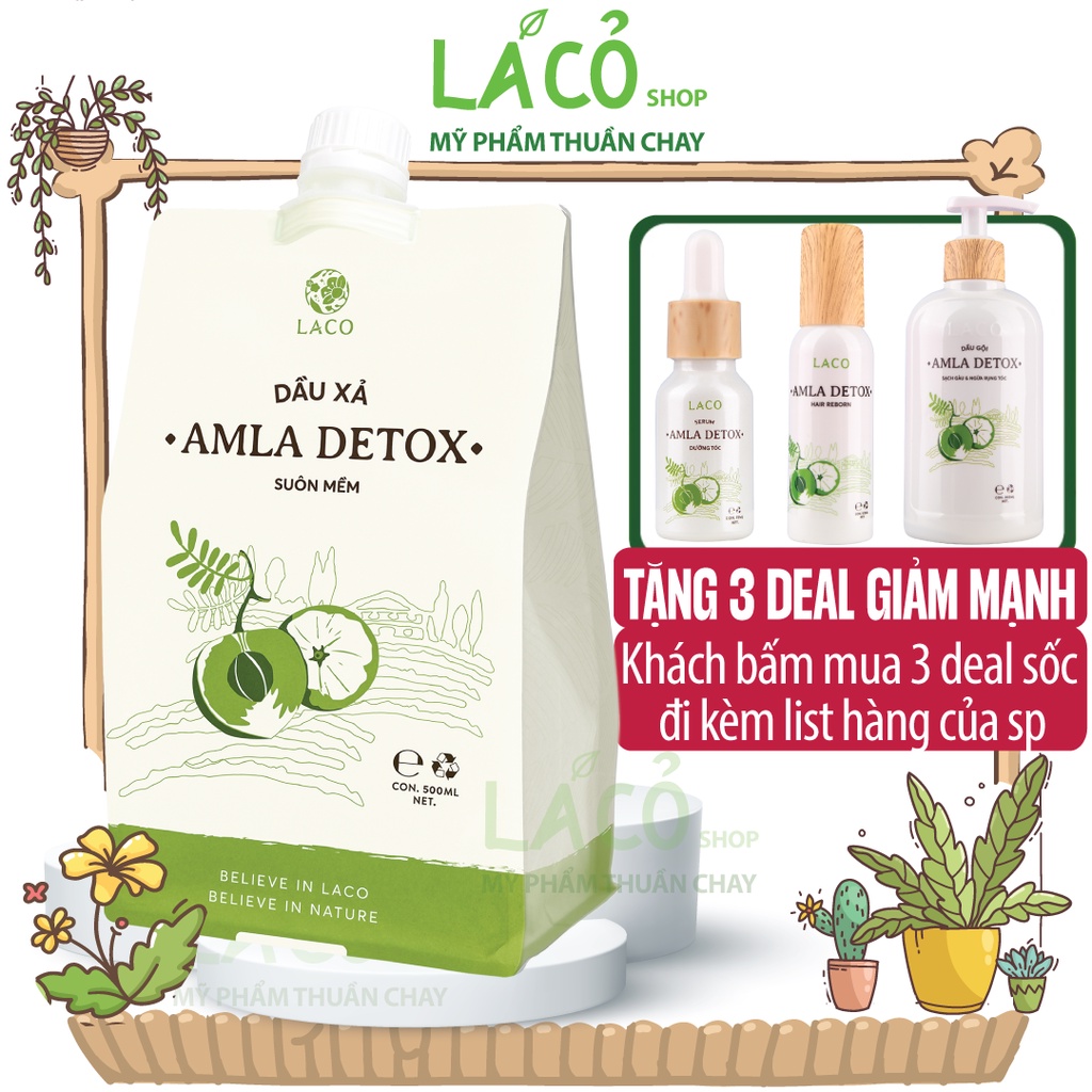 Dầu xả dưỡng tóc AMLA DETOX LACO dầu xả ủ tóc cấp ẩm thơm mềm mượt phục hồi tóc chống xơ rối LÁ CỎ MỸ PHẨM THUẦN CHAY