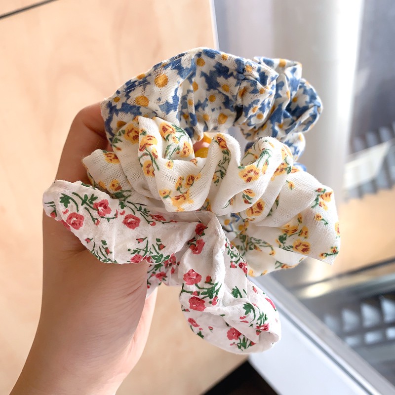 Dây thun cột tóc in họa tiết caro phối hoa kiểu Pháp cổ điển dễ thương cho nữ