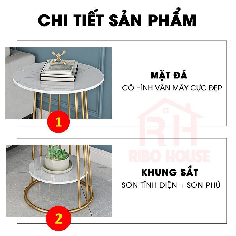 Bàn trà tròn sofa RIBO HOUSE mặt đá vân mây, bàn 2 tầng khung kim loại sơn tĩnh điện ngồi uống trà cafe ban công RIBO93