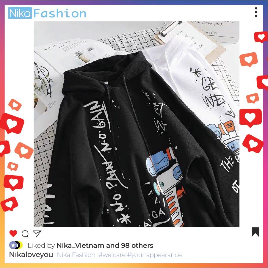 Nikafashion Áo Hoodie Nón Unisex Nam Nữ Chất Vải Nỉ Freesize 1 kích cỡ Form Dáng Rộng Dưới 65kg Mặc Đẹp S.U.N.G.N.U.O.C