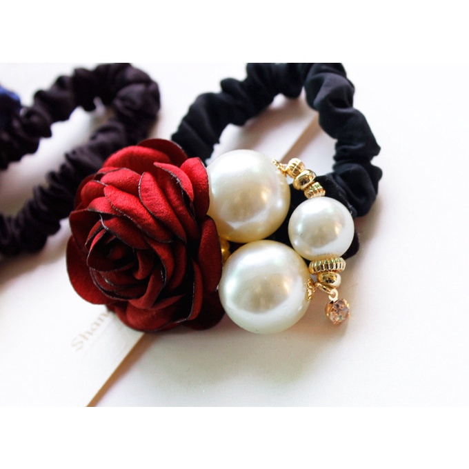 Dây cột tóc thiết kế co giãn đính hoa hồng ngọc trai thời trang