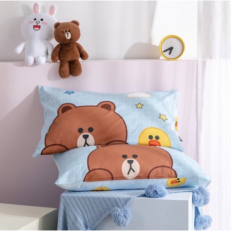 1 đôi vỏ gối cotton, lông mịn size to mẫu Gấu Vịt Brown Sally LINE
