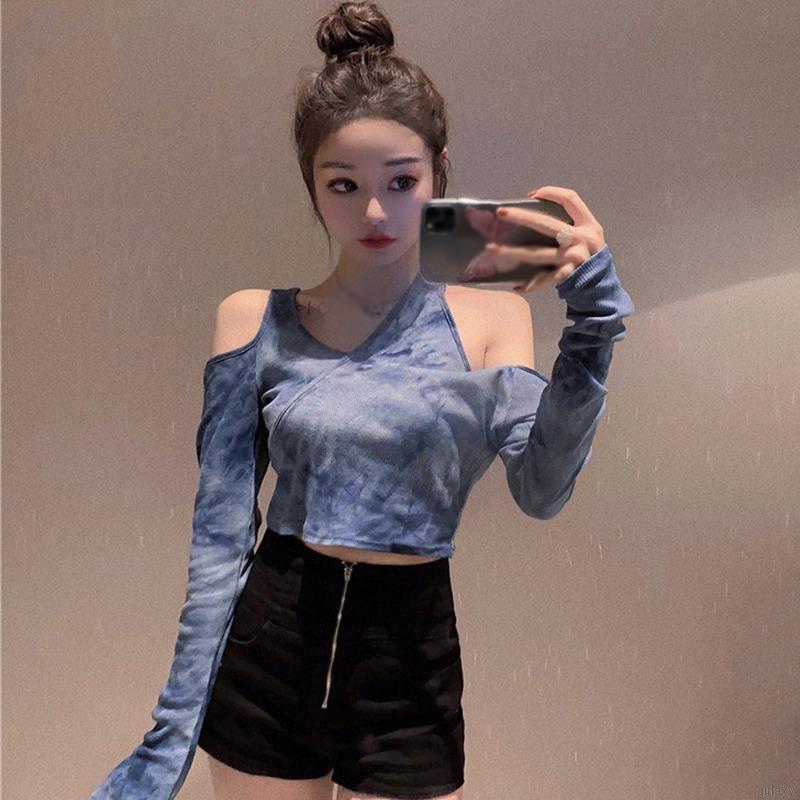 Áo thun tay dài cổ chữ V thời trang Hàn Quốc quyến rũ cho nữ