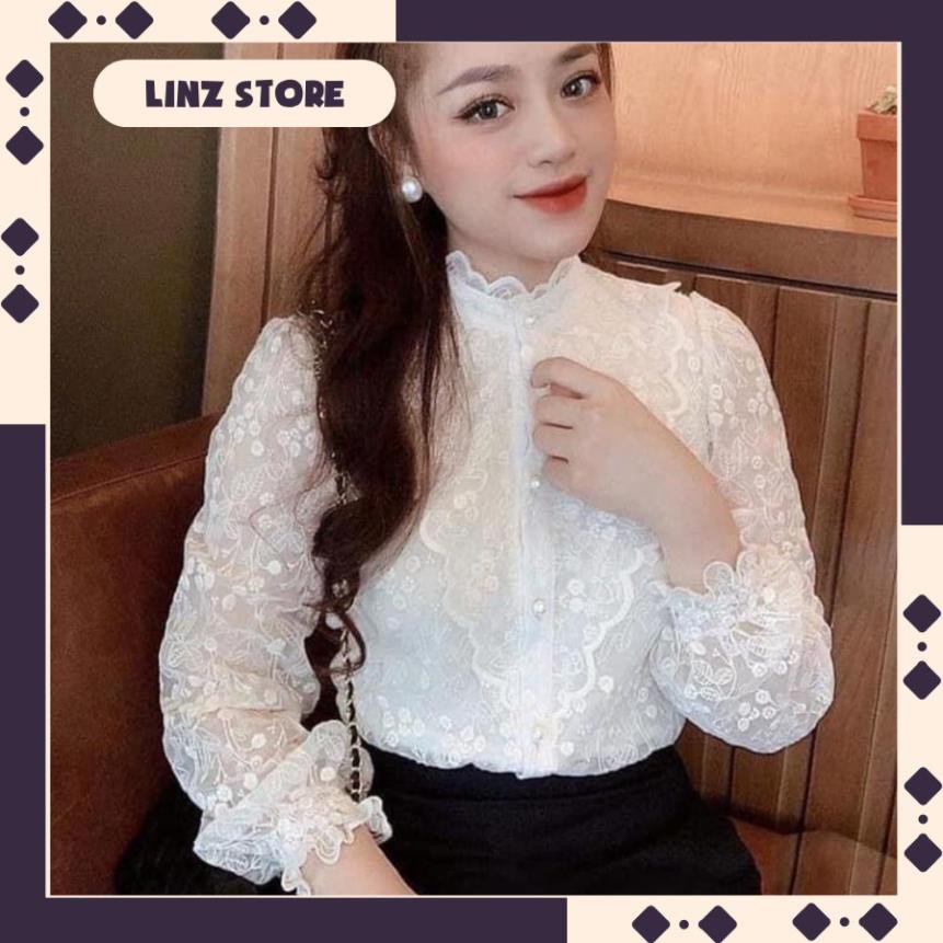 Áo sơ mi ren thiết kế bèo ngưc, Sơ mi ren cao cấp 2 lớp kiểu nữ cổ viền ren dài tay công sở Linzstore SM007 !