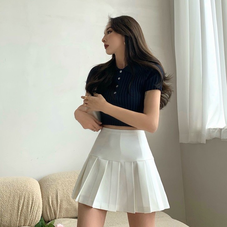 (SẴN ÁO XANH) SET ÁO LEN POLO NỮ + CHÂN VÁY XẾP LI ULZZANGA