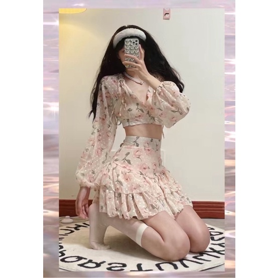SẴN S | Set áo croptop voan hoa + chân váy xoè 2 tầng