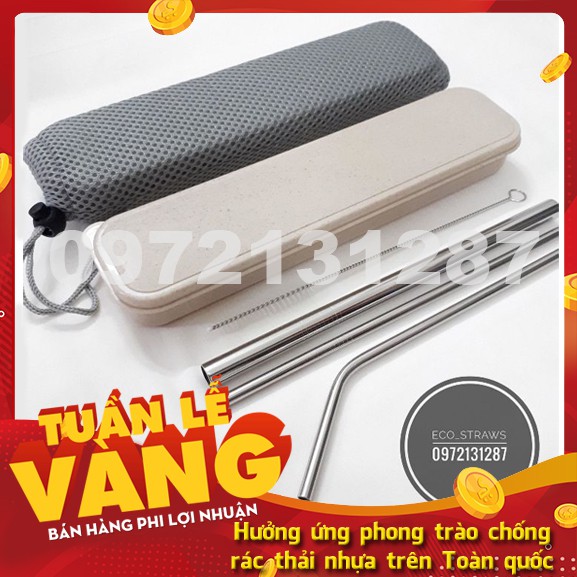 (Hàng loại 1, dày & nặng) Bộ ống hút Inox 304 6 món (3 ống hút, 1 cọ rửa, 1 túi lưới, 1 hộp)