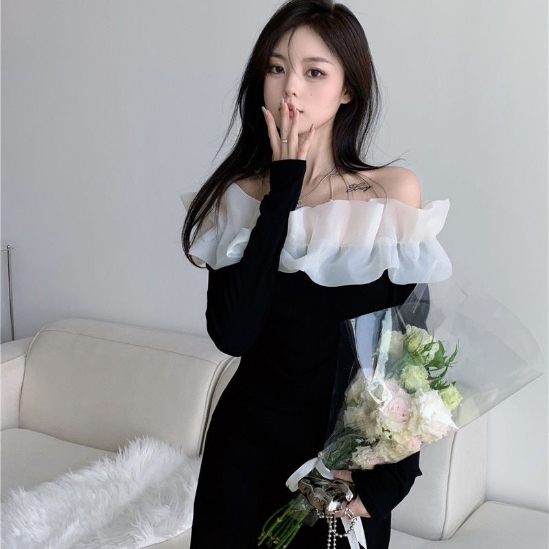 Đầm Ôm Tay Dài Cổ Bèo Nhún Xếp Nếp Thời Trang Mùa Hè Xinh Xắn Cho Nữ
