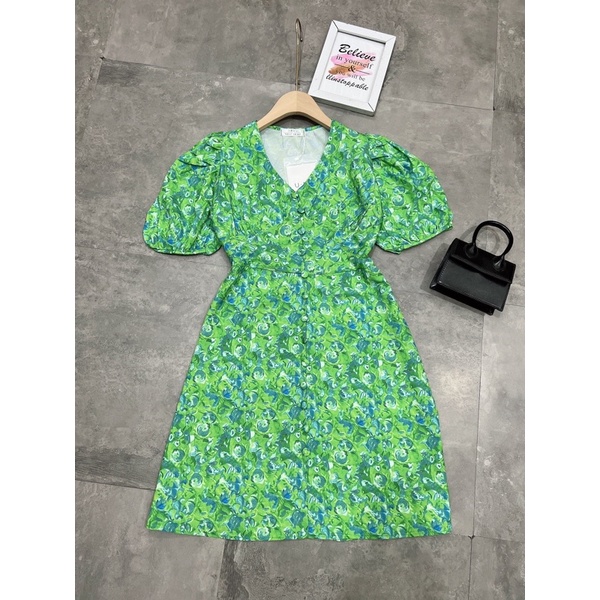 Váy Hoa Xanh Khuy Bọc Tay Phồng Siêu Xinh Có Ảnh Thật Kèm Video | BigBuy360 - bigbuy360.vn