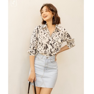Olv - áo doodle printed shirt in white
