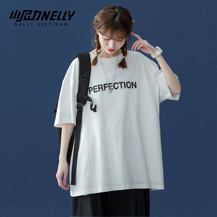 Áo thun tay lỡ NELLY dáng unisex form rộng in chữ perfection