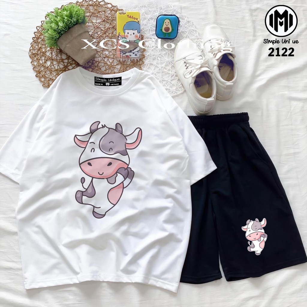 Đồ Bộ Hoạt Hình Unisex BÒ SỮA Set Cartoon, Freesize, Thun Cotton, Nam Nữ Đều Mặc Được