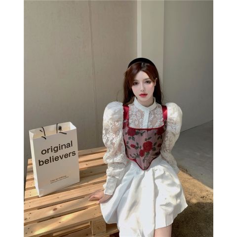 Set áo corset họa tiết hoa hồng+áo sơ mi+chân váy lưng cao thời trang mùa thu phong cách Pháp 2021 trẻ trung