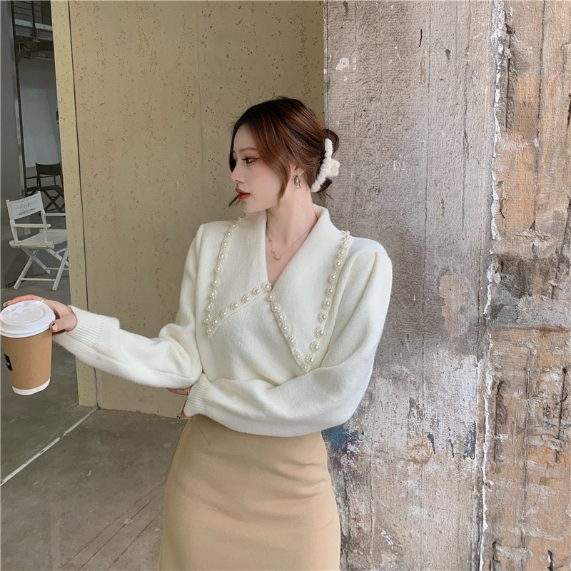 Set Áo Len Tay Phồng Cổ Chữ V Đính Hạt + Chân Váy Lưng Cao Thời Trang Cho Nữ | BigBuy360 - bigbuy360.vn