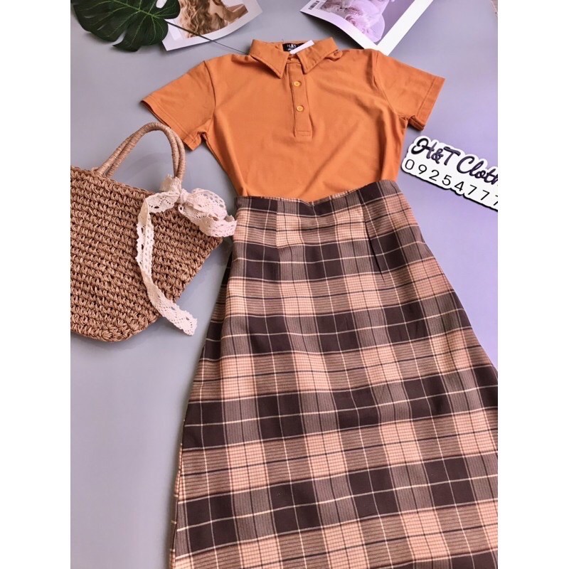 [ẢNH THẬT] Set áo thun cổ trụ + Chân váy caro màu siêu Tây | BigBuy360 - bigbuy360.vn