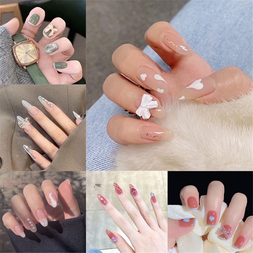 Móng tay giả dán keo trong suốt trang trí hình bướm hình trái tim và ngọc trai nhân tạo 3D thời trang dành cho cô dâu