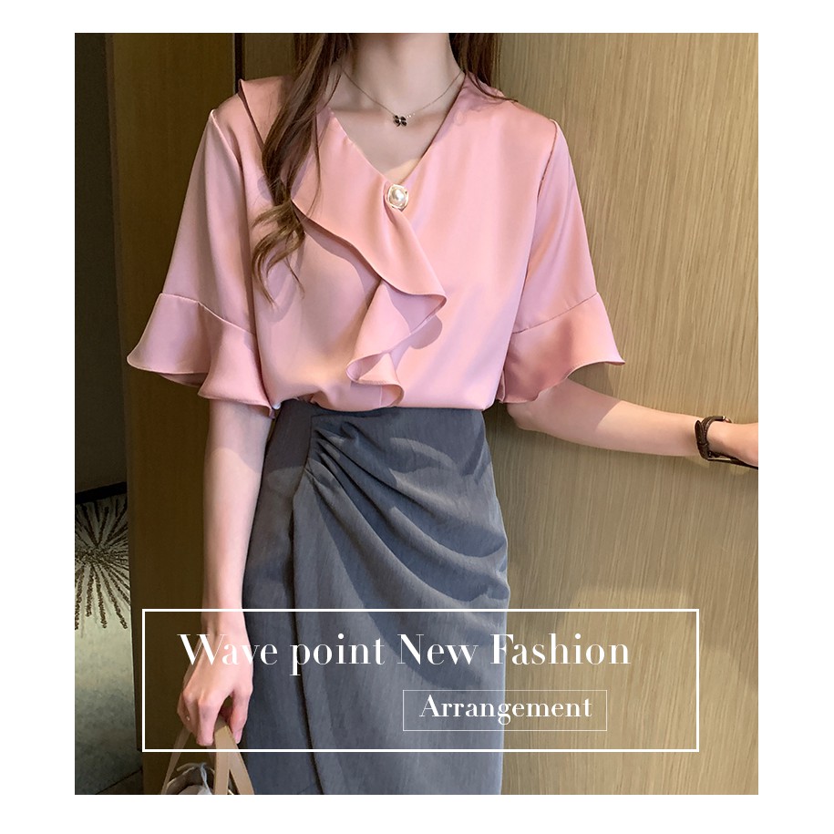 Korean Elegant Ruffle V Neck Casual Blouse Women Summer Flare Short Sleeve Shirt Yellow White Pink | BigBuy360 - bigbuy360.vn