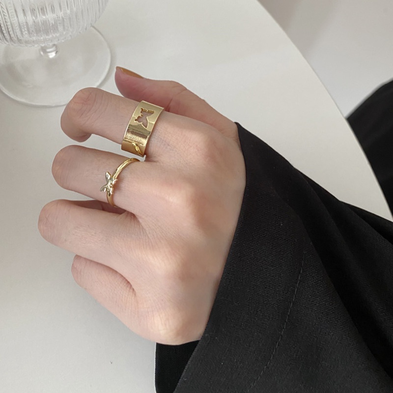 Set Nhẫn Hai Mảnh  191133Quạt Hàn Quốc Bề Mặt Rộng Đục Lỗ Hình Bướm Thời Trang Dễ Phối Đồ