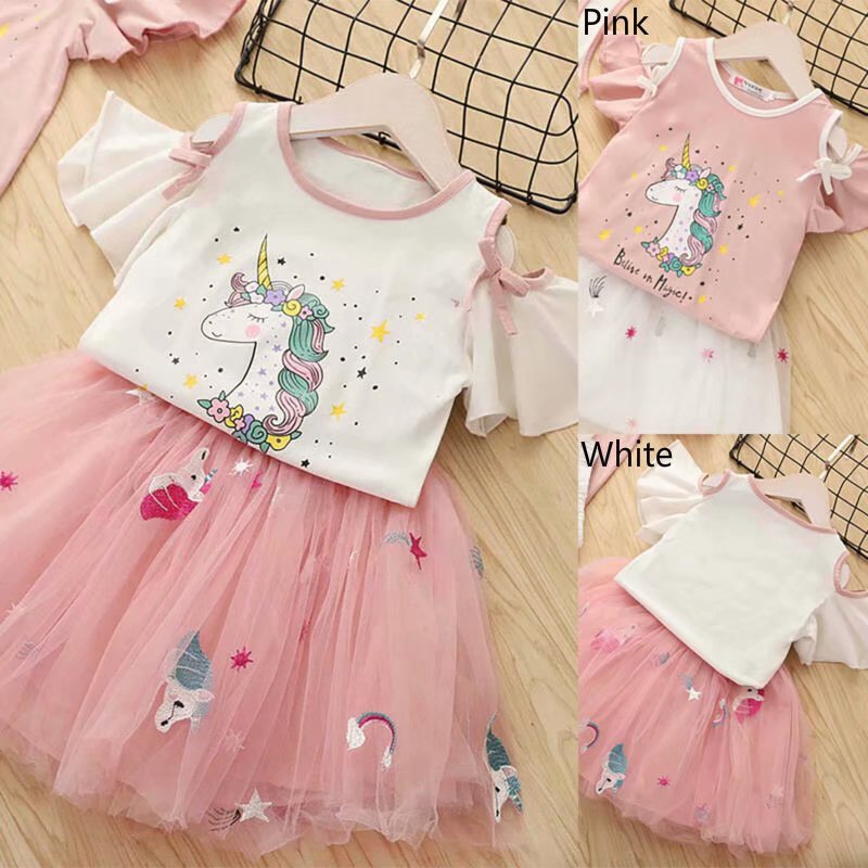 Set áo tay ngắn + chân váy hoạ tiết kỳ lân đáng yêu cho bé