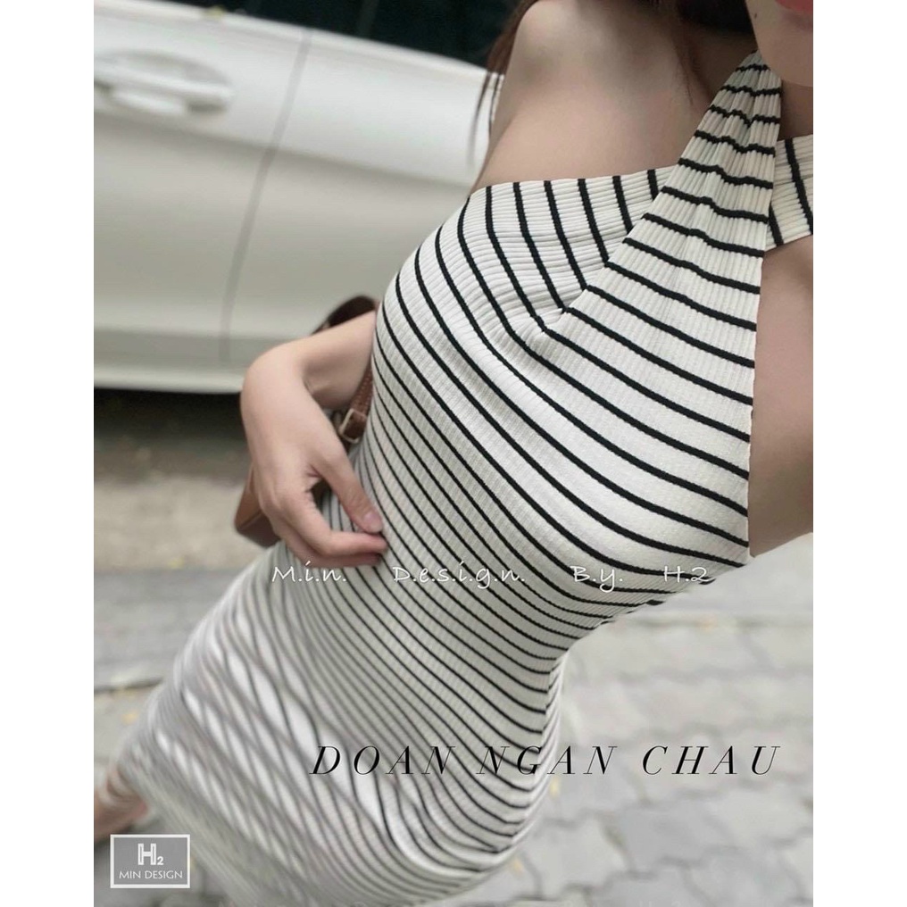 Đầm gân body nữ kiểu yếm dây chéo cổ dáng dài midi sọc ngan hot