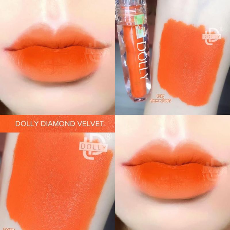 Son kem lì Dolly Diamond velvet màu cam vàng sang chảnh không chì mềm mịn môi