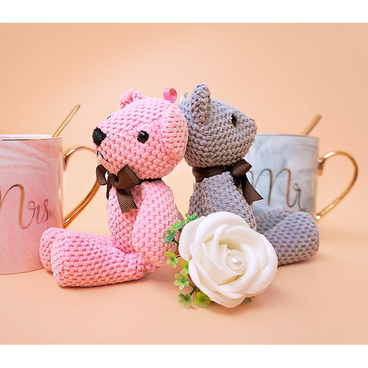 Gấu bông Teddy đan len, gấu teddy bông 18cm quà tặng nhồi bông, phụ kiện trang trí (Hồng/Xám)