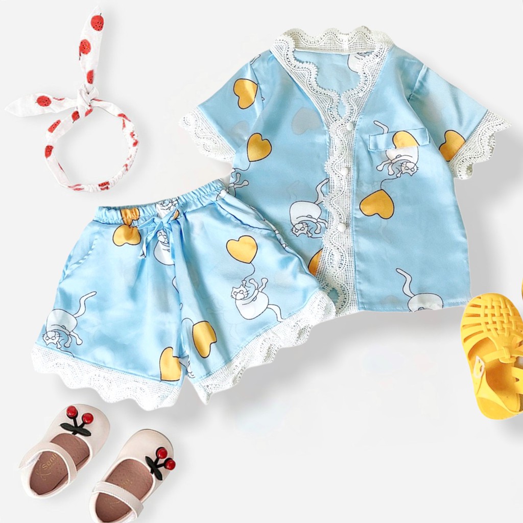 Bộ Đồ Ngủ Pijama Lụa Satin Dành Cho Bé Gái Set Quần Áo Trẻ Em Mặc Nhà BN22 Babi mama