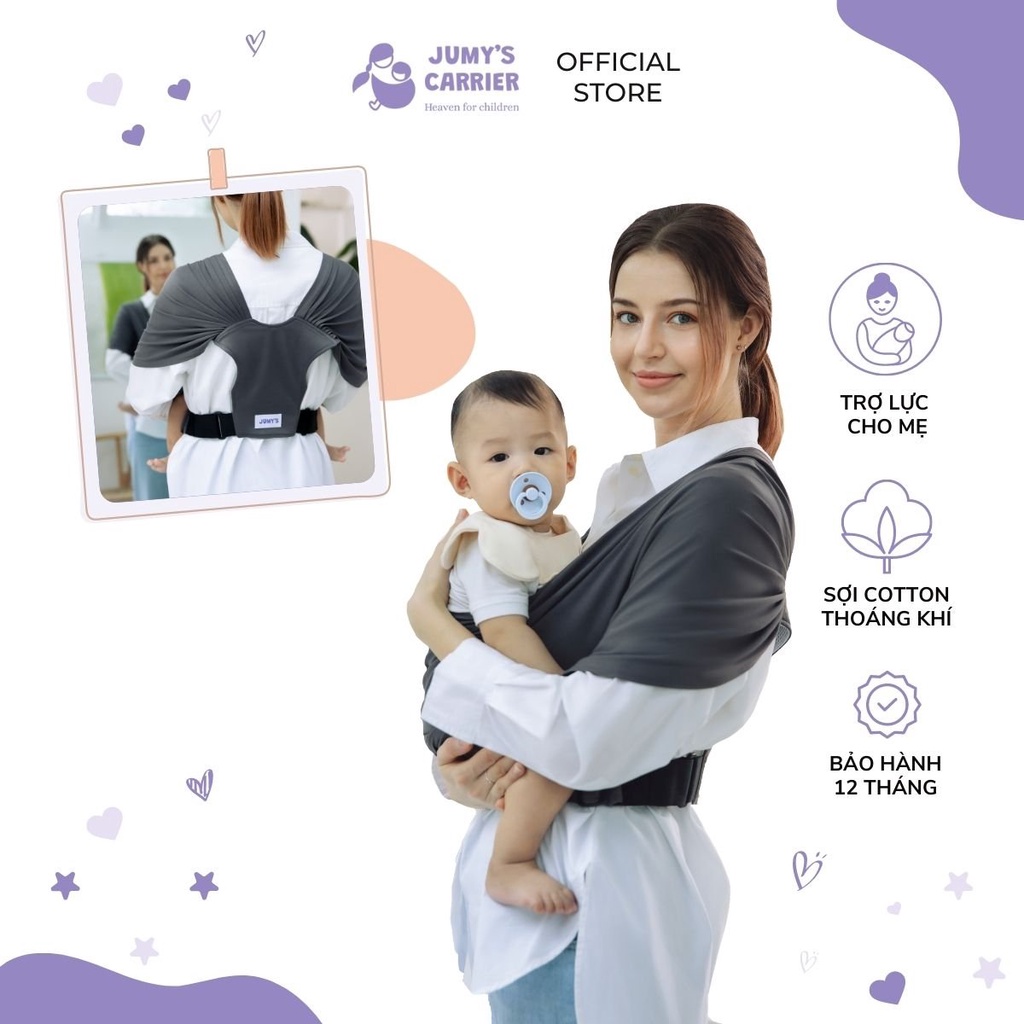 Jumy's - Địu vải em bé chính hãng chất vải mềm dịu dành cho trẻ sơ sinh đến 20 ký - Màu Maroon