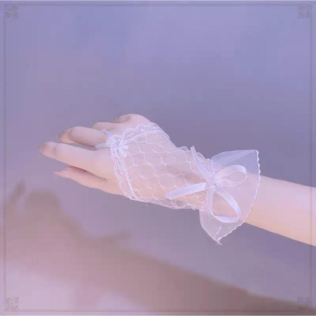 ( 2 màu) Găng tay lưới ren hình thoi Găng tay cô dâu đeo 1 ngón đính nơ phong cách loli