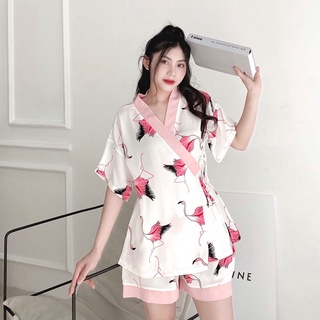 Bộ Kimono Nữ Họa Tiết Cộc Tay - Set Ngủ Nữ Ngắn Tay Dây Buộc Eo 4 Màu