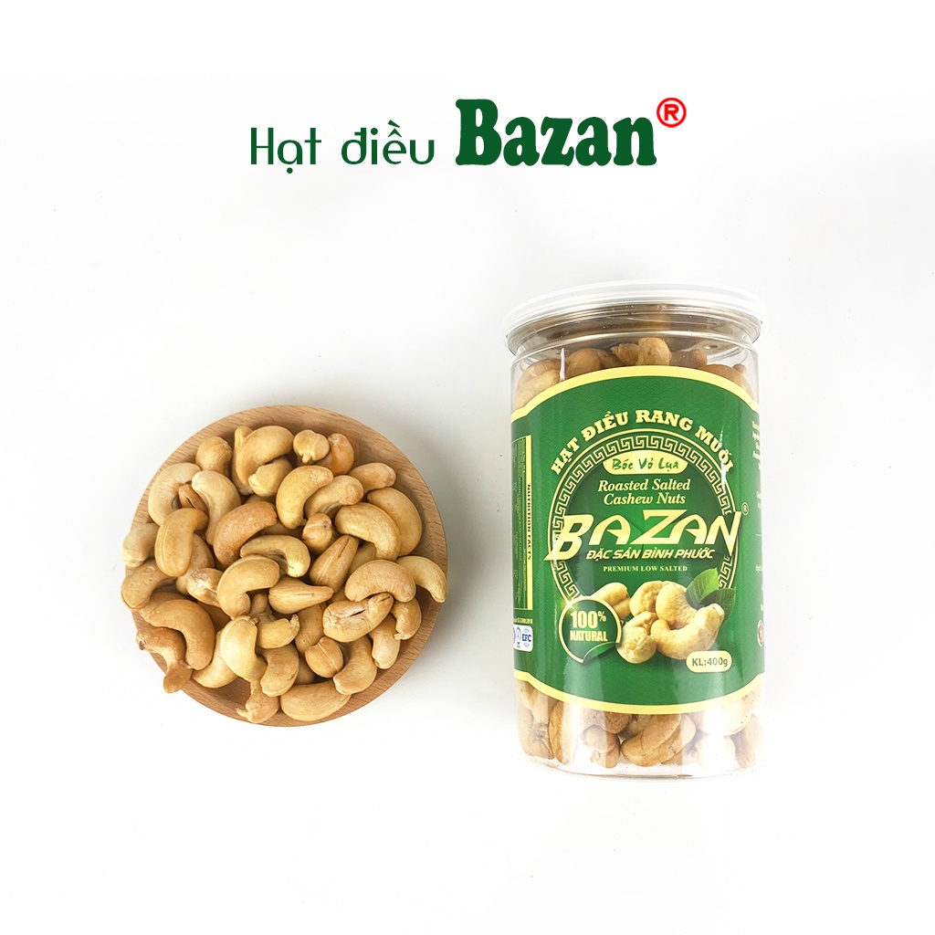 Hạt điều rang muối Bazan Bình Phước nguyên hạt dinh dưỡng A+ loại 1 hộp 400g nắp bật sạch vỏ lụa | BigBuy360 - bigbuy360.vn