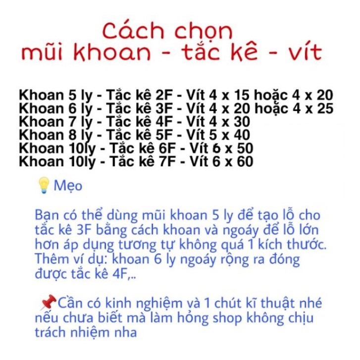 100g Vít bắt tắc kê nhựa 2F 3F 4F 5F 6F 7F