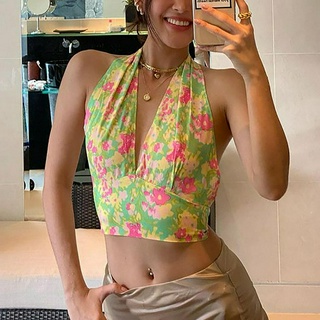 Áo croptop sát nách hoạ tiết hoa cho nữ