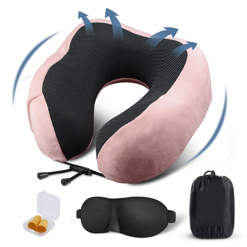 Gối Kê Cổ Hình Chữ U 3D Bằng Cao Su Non Kèm Bịt Tai + Bịt Tai Cho Đi Du Lịch/Xe Hơi/Máy Bay