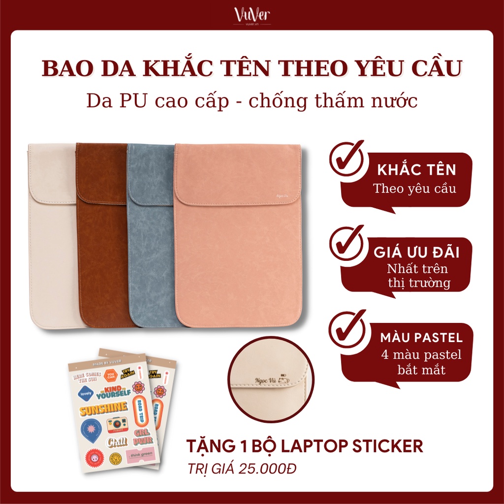 Bao da đựng laptop 13-14inch khắc tên theo yêu cầu chống nước có nắp đóng nút nam châm - vuver.vn
