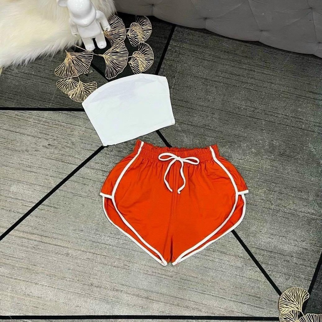 Quần sooc thun nữ dây rút cạp chun co giãn, Quần ngủ cottotn mịn phối viền