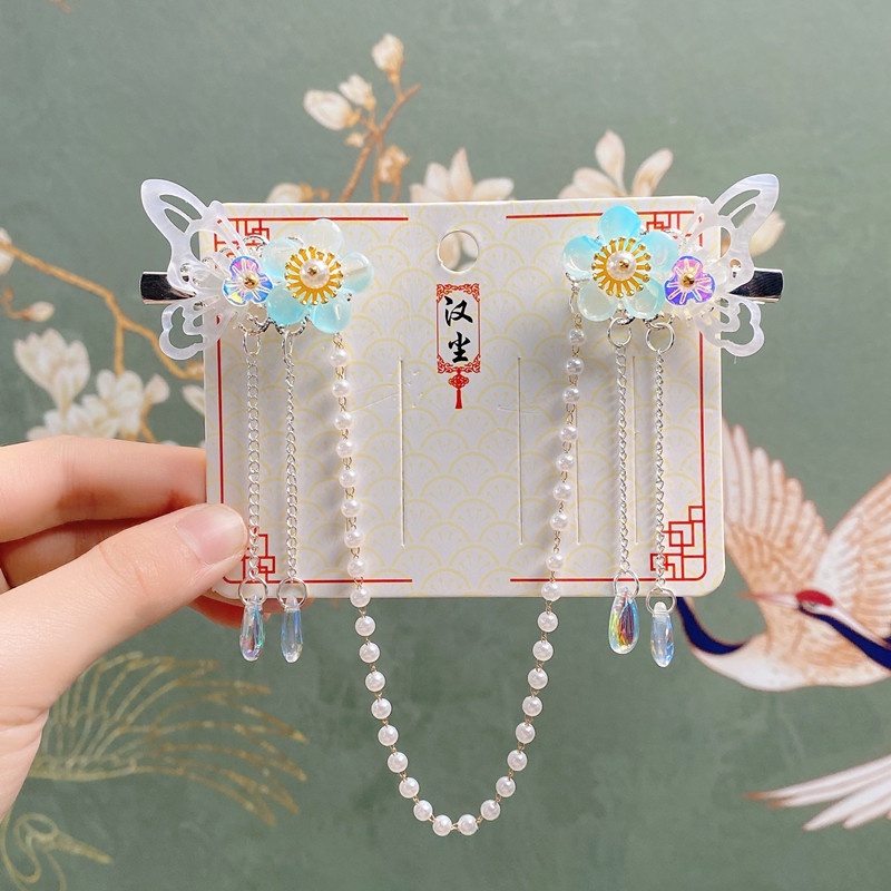 1 Cặp Kẹp Tóc Dây Ruy Băng Đính Hoa Và Bướm Đỏ Cổ Điển Dành Cho Trẻ Em